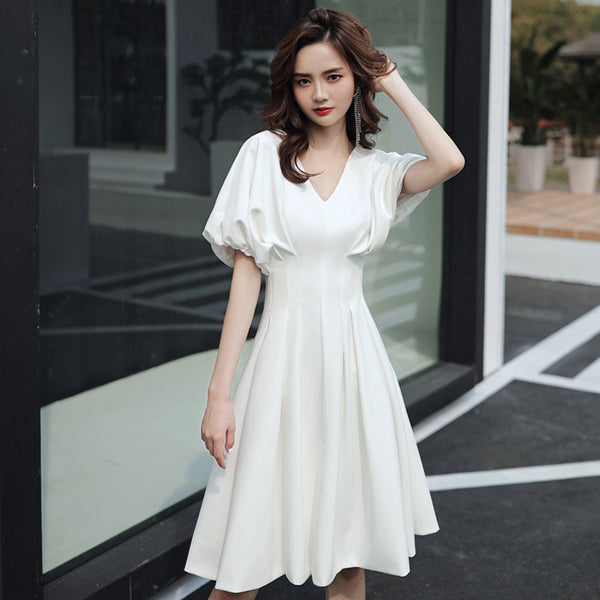 Temperament Fashion Elegant Women Wine Red Solid Color V Neck Puff Short Sleeves Bride Evening Party A Line Dress