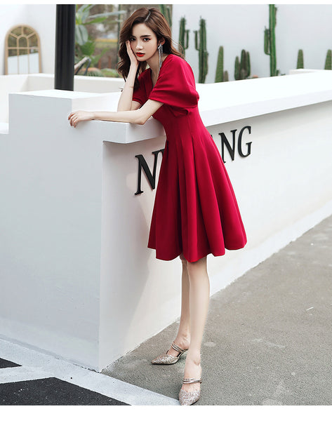 Temperament Fashion Elegant Women Wine Red Solid Color V Neck Puff Short Sleeves Bride Evening Party A Line Dress