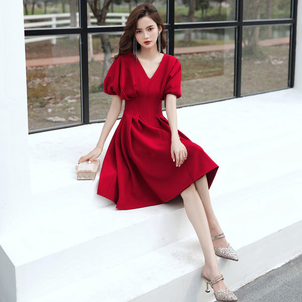 Temperament Fashion Elegant Women Wine Red Solid Color V Neck Puff Short Sleeves Bride Evening Party A Line Dress