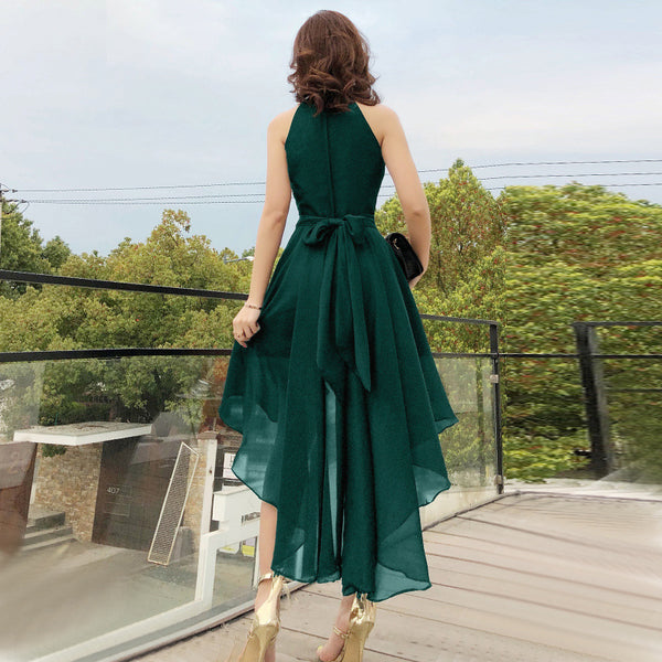 Temperament Fashion Elegant Women Green High Waist Back Bow Sleeveless Irregular Hem Evening Party Dress