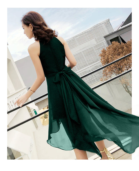 Temperament Fashion Elegant Women Green High Waist Back Bow Sleeveless Irregular Hem Evening Party Dress
