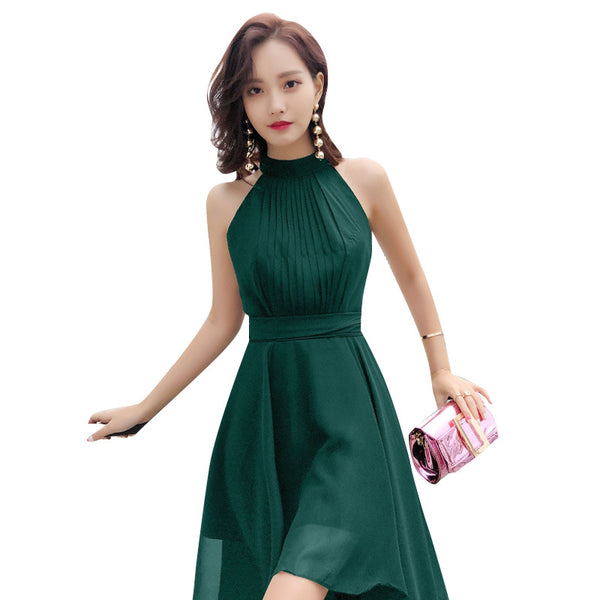 Temperament Fashion Elegant Women Green High Waist Back Bow Sleeveless Irregular Hem Evening Party Dress