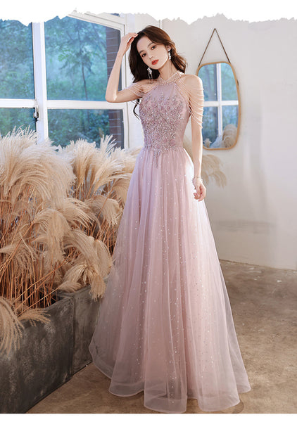 Elegant Temperament Women Pink Halter Neck Embroidered Sequins Celebrity Banquet Noble Meeting Long Dress