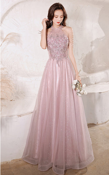 Elegant Temperament Women Pink Halter Neck Embroidered Sequins Celebrity Banquet Noble Meeting Long Dress