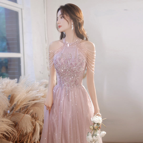 Elegant Temperament Women Pink Halter Neck Embroidered Sequins Celebrity Banquet Noble Meeting Long Dress