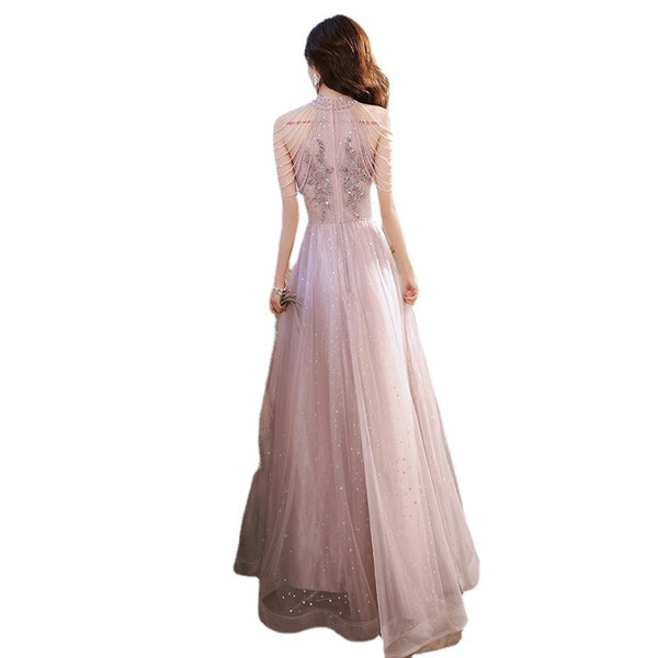 Elegant Temperament Women Pink Halter Neck Embroidered Sequins Celebrity Banquet Noble Meeting Long Dress