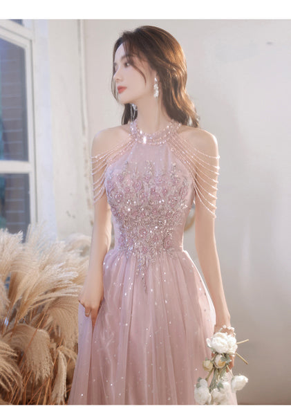 Elegant Temperament Women Pink Halter Neck Embroidered Sequins Celebrity Banquet Noble Meeting Long Dress