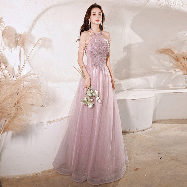 Elegant Temperament Women Pink Halter Neck Embroidered Sequins Celebrity Banquet Noble Meeting Long Dress