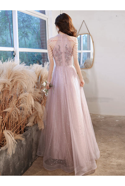 Elegant Temperament Women Pink Halter Neck Embroidered Sequins Celebrity Banquet Noble Meeting Long Dress