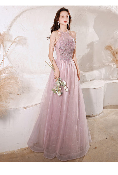 Elegant Temperament Women Pink Halter Neck Embroidered Sequins Celebrity Banquet Noble Meeting Long Dress