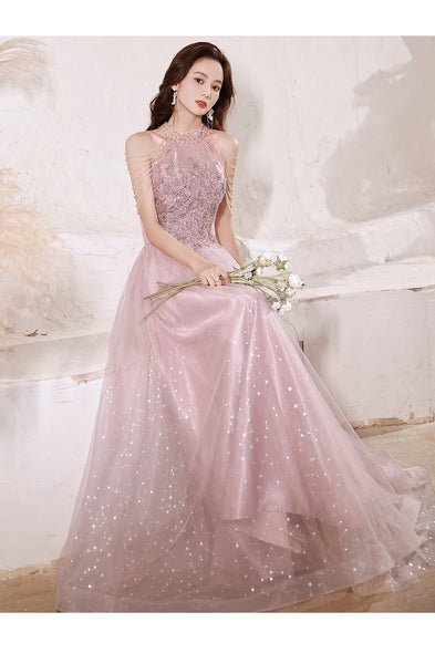 Elegant Temperament Women Pink Halter Neck Embroidered Sequins Celebrity Banquet Noble Meeting Long Dress