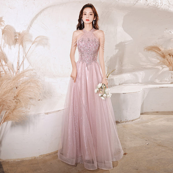 Elegant Temperament Women Pink Halter Neck Embroidered Sequins Celebrity Banquet Noble Meeting Long Dress