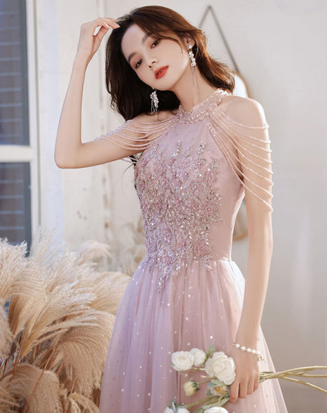 Elegant Temperament Women Pink Halter Neck Embroidered Sequins Celebrity Banquet Noble Meeting Long Dress