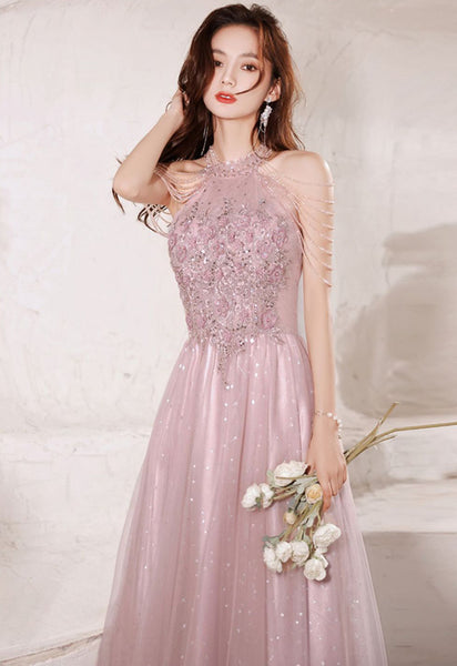Elegant Temperament Women Pink Halter Neck Embroidered Sequins Celebrity Banquet Noble Meeting Long Dress