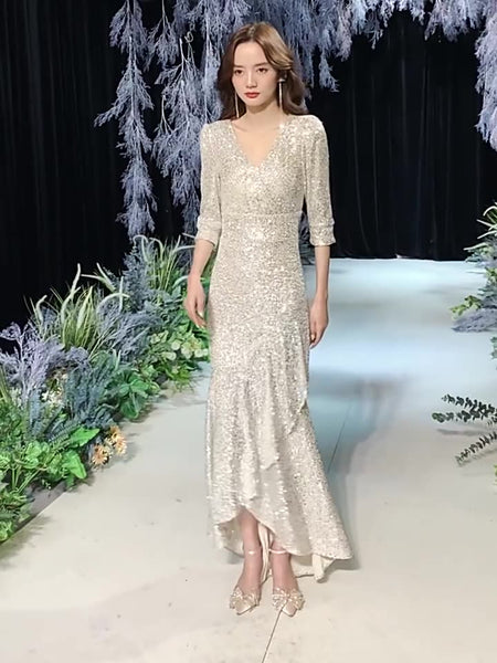 Elegant Women Evening Temperament Banquet Embroidered Sequins Half Sleeves Fishtail Silver Irregular Hem Pencil Dress