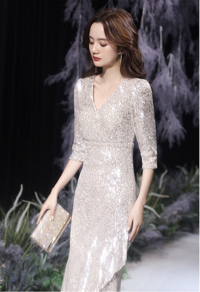 Elegant Women Evening Temperament Banquet Embroidered Sequins Half Sleeves Fishtail Silver Irregular Hem Pencil Dress