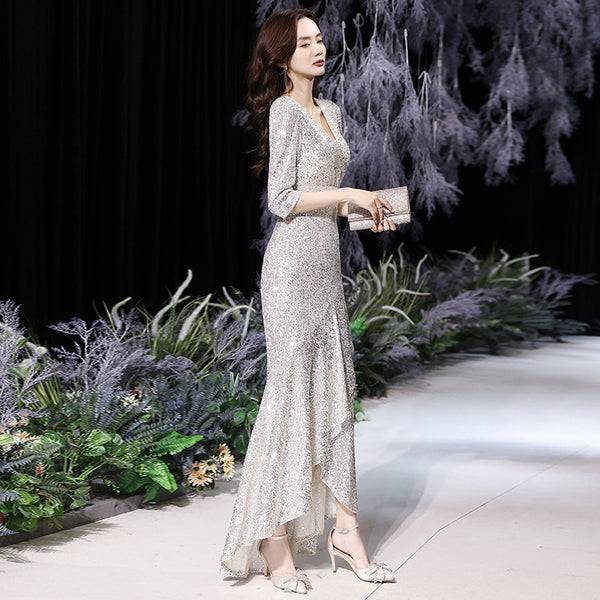 Elegant Women Evening Temperament Banquet Embroidered Sequins Half Sleeves Fishtail Silver Irregular Hem Pencil Dress