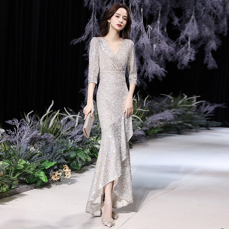 Elegant Women Evening Temperament Banquet Embroidered Sequins Half Sleeves Fishtail Silver Irregular Hem Pencil Dress