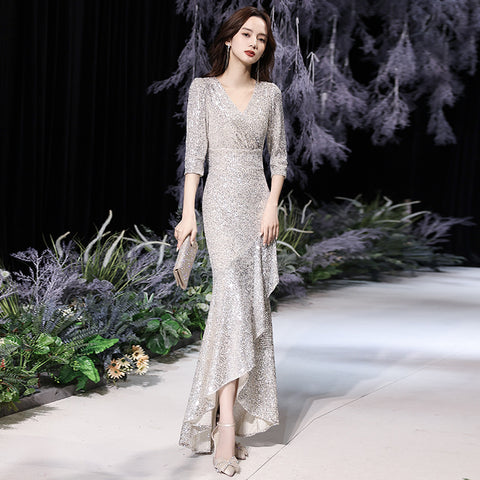 Elegant Women Evening Temperament Banquet Embroidered Sequins Half Sleeves Fishtail Silver Irregular Hem Pencil Dress