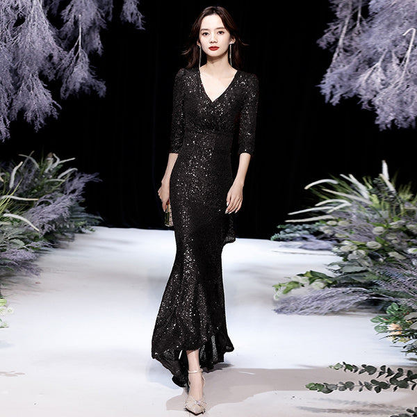 Elegant Women Evening Temperament Banquet Embroidered Sequins Half Sleeves Fishtail Silver Irregular Hem Pencil Dress