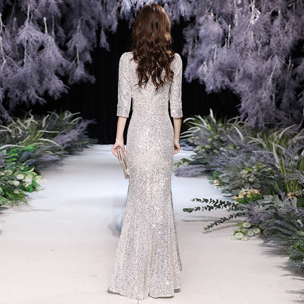 Elegant Women Evening Temperament Banquet Embroidered Sequins Half Sleeves Fishtail Silver Irregular Hem Pencil Dress