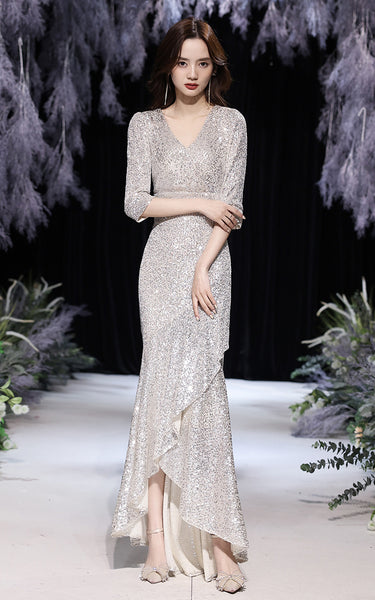 Elegant Women Evening Temperament Banquet Embroidered Sequins Half Sleeves Fishtail Silver Irregular Hem Pencil Dress