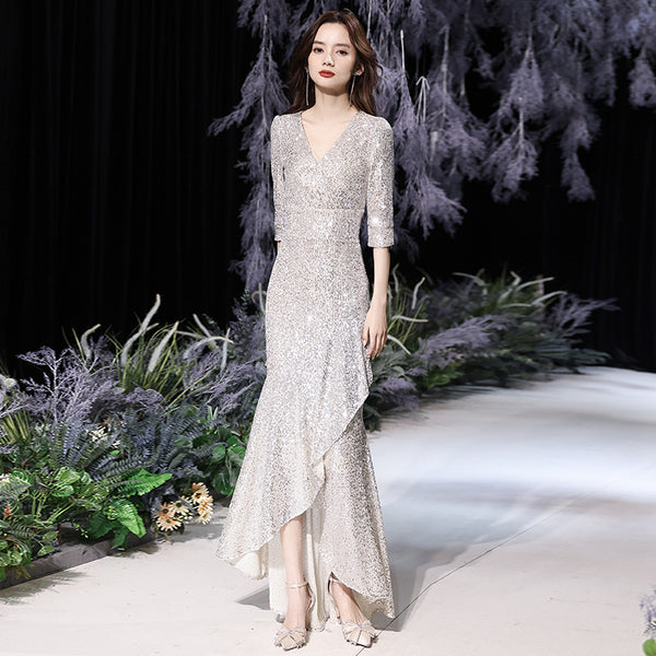 Elegant Women Evening Temperament Banquet Embroidered Sequins Half Sleeves Fishtail Silver Irregular Hem Pencil Dress