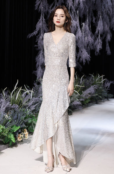 Elegant Women Evening Temperament Banquet Embroidered Sequins Half Sleeves Fishtail Silver Irregular Hem Pencil Dress