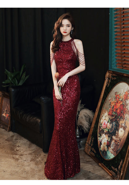 Beautiful Temperament Sexy Halter Neck Embroidered Sequins Shoulder Tassel Fishtail Long Wine Red Bride Dress