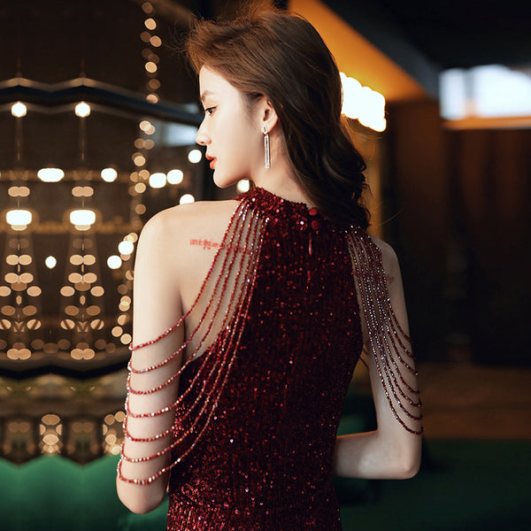 Beautiful Temperament Sexy Halter Neck Embroidered Sequins Shoulder Tassel Fishtail Long Wine Red Bride Dress