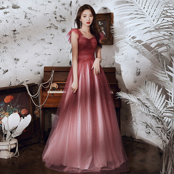 Temperament Fairy Elegant Wine Red Gradient Banquet Pleated Shoulder Sleeveless Bandage Evening Maxi Dress