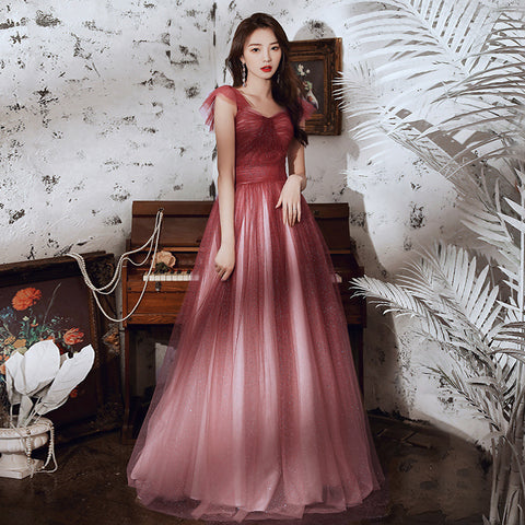 Temperament Fairy Elegant Wine Red Gradient Banquet Pleated Shoulder Sleeveless Bandage Evening Maxi Dress
