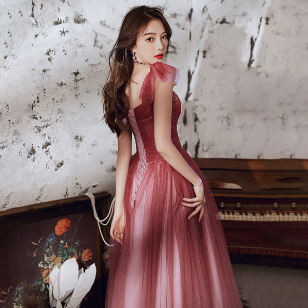 Temperament Fairy Elegant Wine Red Gradient Banquet Pleated Shoulder Sleeveless Bandage Evening Maxi Dress