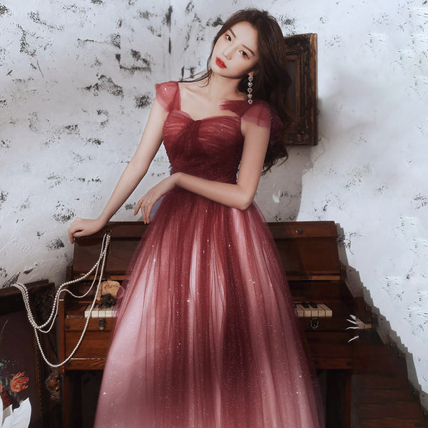 Temperament Fairy Elegant Wine Red Gradient Banquet Pleated Shoulder Sleeveless Bandage Evening Maxi Dress