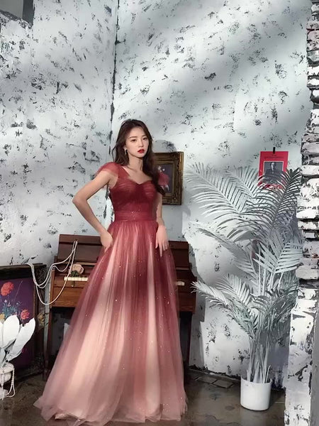 Temperament Fairy Elegant Wine Red Gradient Banquet Pleated Shoulder Sleeveless Bandage Evening Maxi Dress