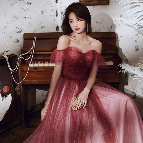 Temperament Fairy Elegant Wine Red Gradient Banquet Pleated Shoulder Sleeveless Bandage Evening Maxi Dress