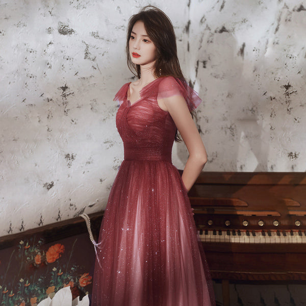 Temperament Fairy Elegant Wine Red Gradient Banquet Pleated Shoulder Sleeveless Bandage Evening Maxi Dress