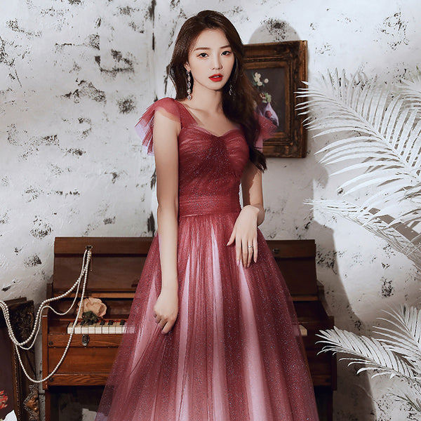 Temperament Fairy Elegant Wine Red Gradient Banquet Pleated Shoulder Sleeveless Bandage Evening Maxi Dress