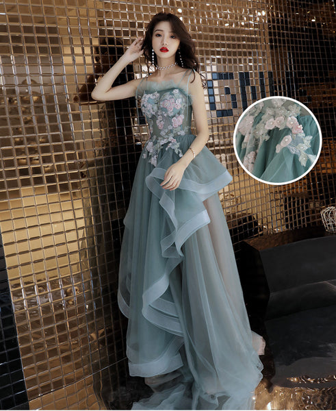 Temperament Fairy Elegant Green Floral Printed Embroidered Spaghetti Strap Evening Irregular Dress