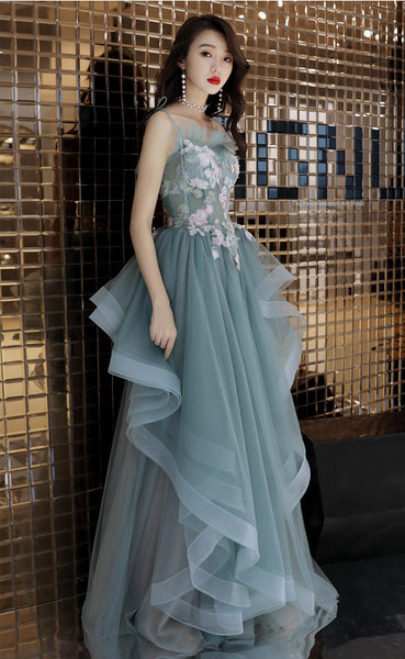 Temperament Fairy Elegant Green Floral Printed Embroidered Spaghetti Strap Evening Irregular Dress