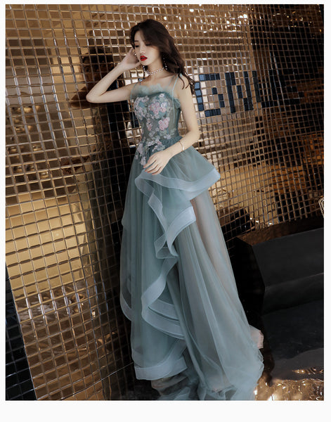 Temperament Fairy Elegant Green Floral Printed Embroidered Spaghetti Strap Evening Irregular Dress