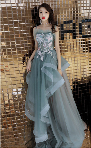 Temperament Fairy Elegant Green Floral Printed Embroidered Spaghetti Strap Evening Irregular Dress