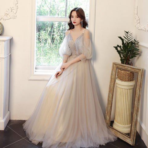 Elegant Temperament Fairy Women Gray V neck Spaghetti Strap A line Tulle Formal Long Prom Dress