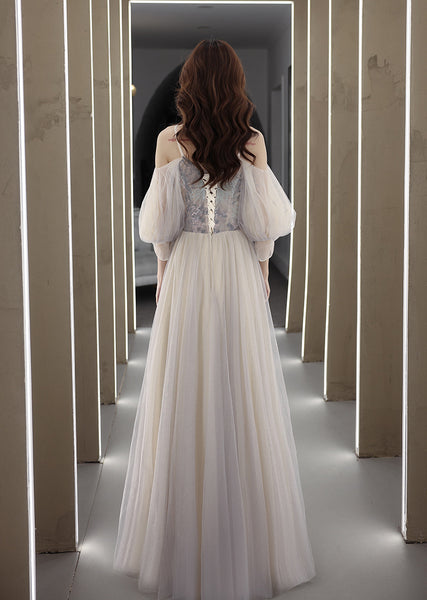 Elegant Temperament Fairy Women Gray V neck Spaghetti Strap A line Tulle Formal Long Prom Dress