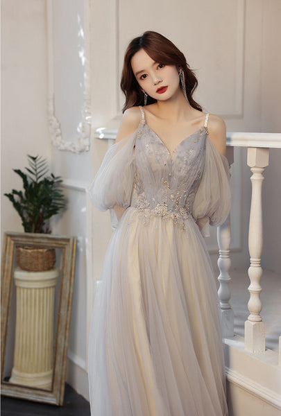 Elegant Temperament Fairy Women Gray V neck Spaghetti Strap A line Tulle Formal Long Prom Dress