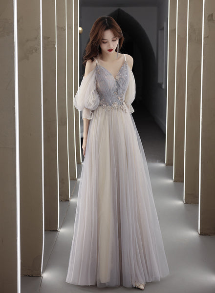 Elegant Temperament Fairy Women Gray V neck Spaghetti Strap A line Tulle Formal Long Prom Dress