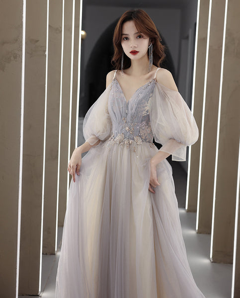 Elegant Temperament Fairy Women Gray V neck Spaghetti Strap A line Tulle Formal Long Prom Dress