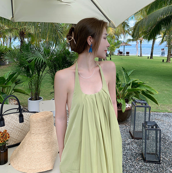 Retro Beach Seaside Summer Holiday Sexy Sweet Women Backless Halter Loose Strap A Line Dress