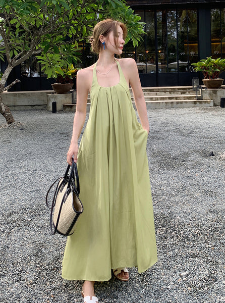 Retro Beach Seaside Summer Holiday Sexy Sweet Women Backless Halter Loose Strap A Line Dress