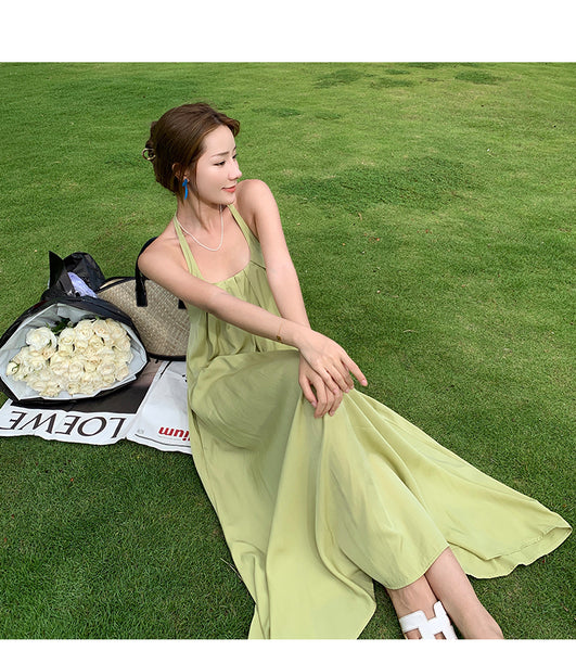 Retro Beach Seaside Summer Holiday Sexy Sweet Women Backless Halter Loose Strap A Line Dress